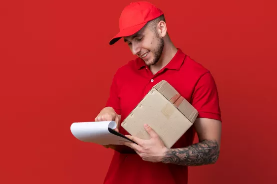 Mover writing on a checklist while holding a cardboard box